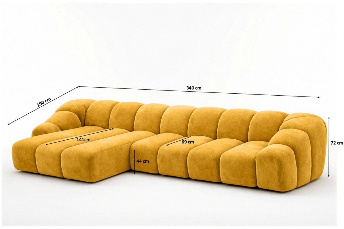 ECKSOFA Modulare L-Form, Veloursstoff Bluvel, Golden, Links, CROISSANT XL - Goldfarben, Holz (340/190cm) - Kaiser Möbel