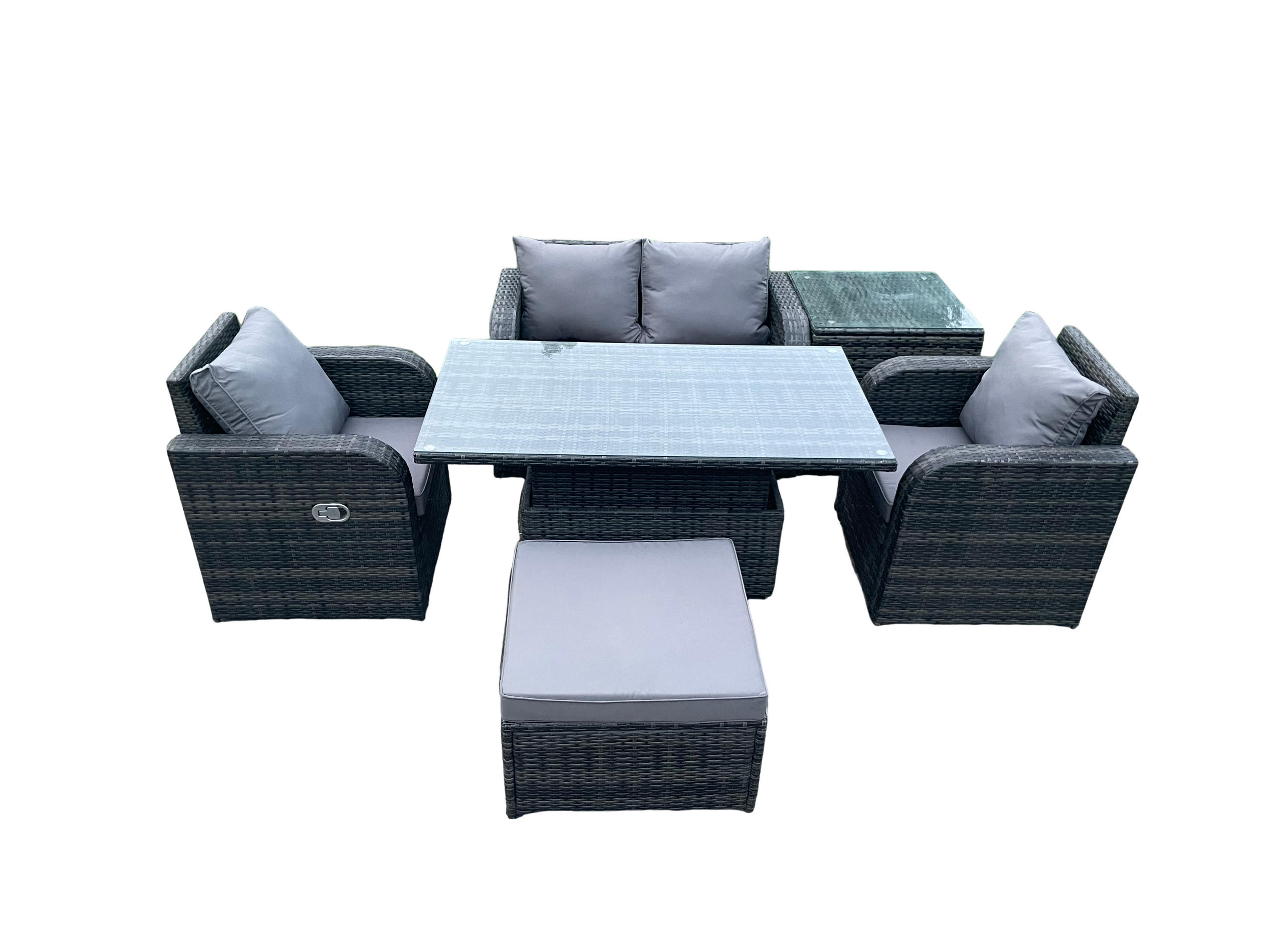 GARTENTISCHGRUPPE Polyrattan 5-Sitzer - Dunkelgrau/Grau, Glas/Kunststoff - Fimous