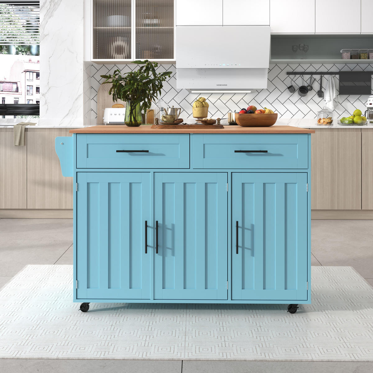 KÜCHENINSEL KLAPPBARE ARBEITSPLATTE, auf Rollen, Holzoptik-Blau, für Küche und Esszimmer, 129/46/91,5 cm - Blau, Kunststoff (46/91.5/120cm) - Rolipo
