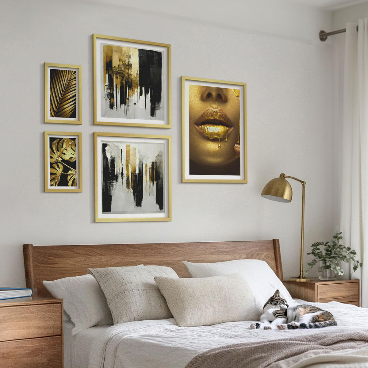 WANDBILDER 5er Set - 50x50 cm & 20x30 cm & 40x60 cm Goldrahmen - Sonnenuntergangsbrücke Landschaft - Goldfarben, Kunststoff (40/60cm) - ArtPrintCave