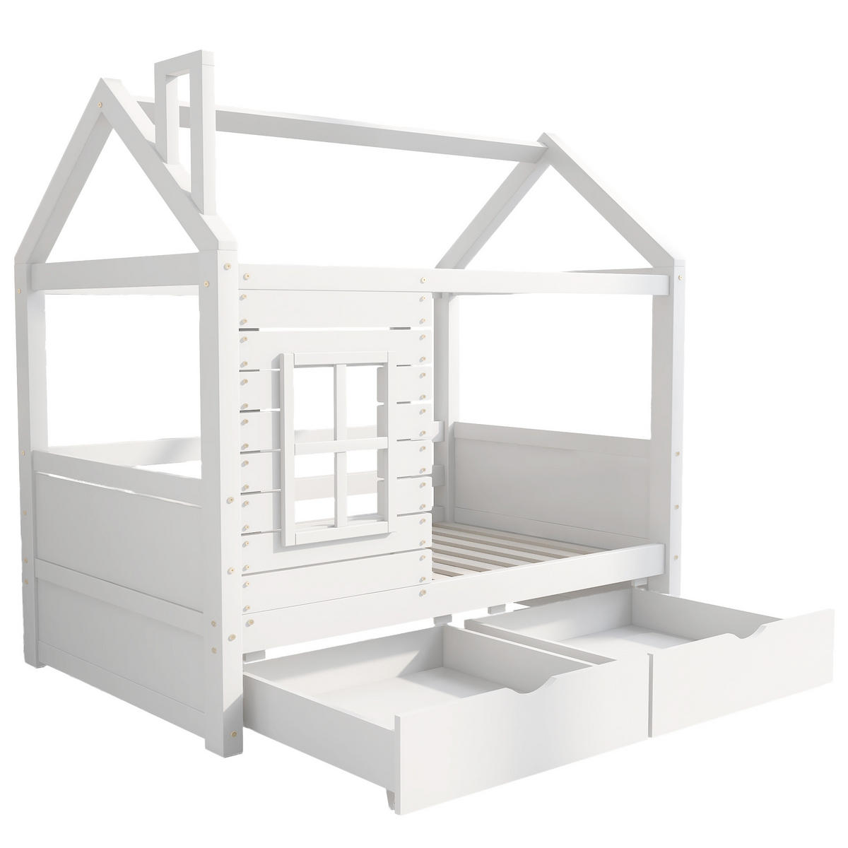 HAUSBETT 80/160 cm DE-00158, in Weiß, Rausfallschutz und Fenstern - Weiß, Holz (80/160cm) - ComfortXL