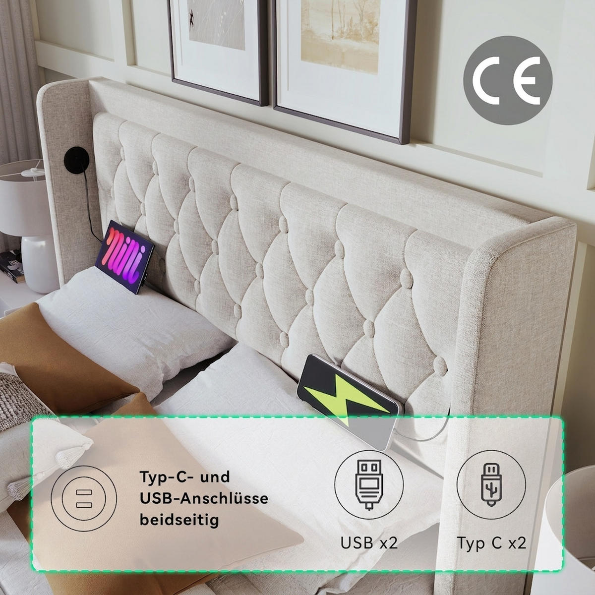 POLSTERBETT 160/200 cm Beige mit USB Typ-C Ladefunktion und 3-seitige LED-Funktion - Beige, Textil (160/200cm) - Oxeza