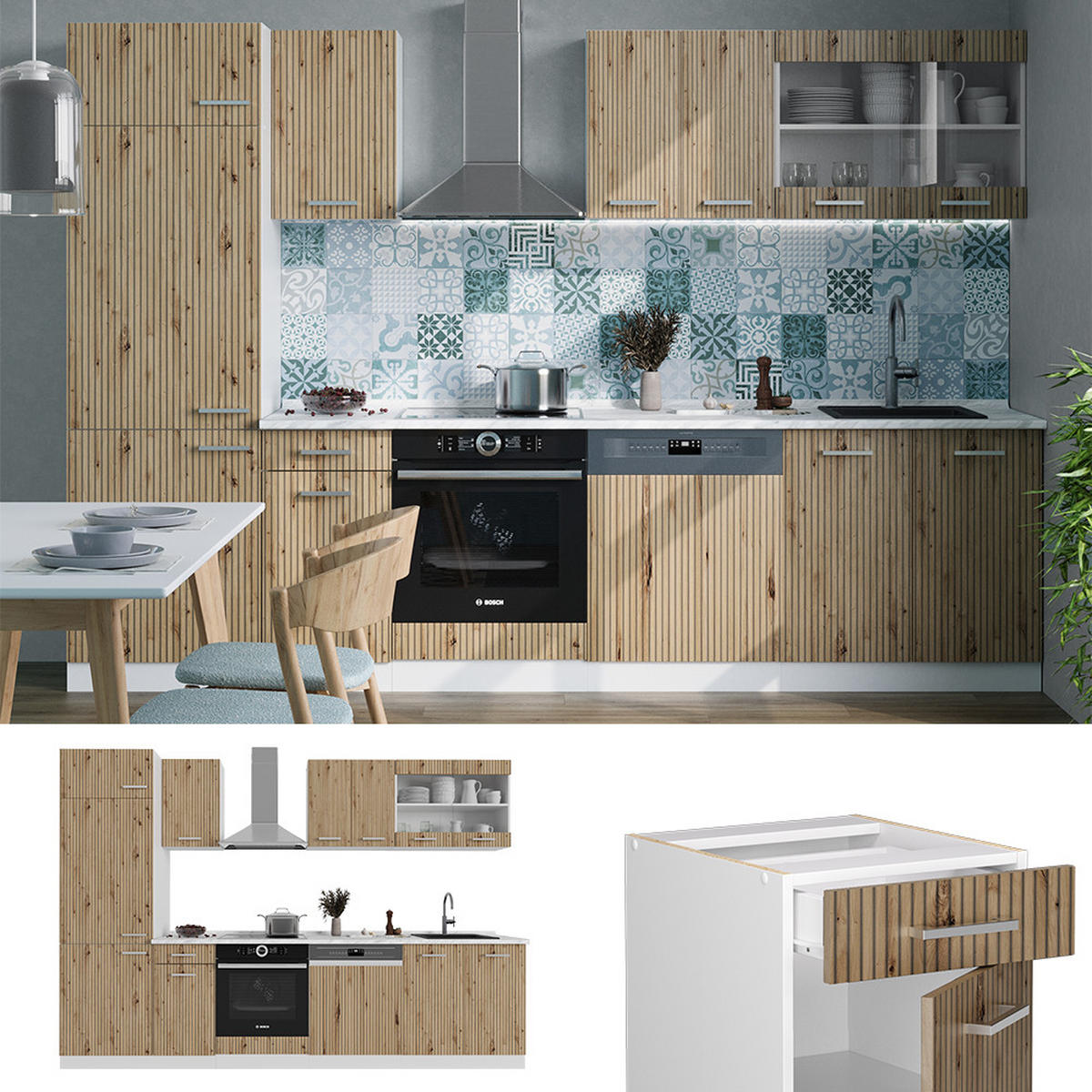 KÜCHENZEILE R-Line Artisan Eiche/Weiß 300 cm, AP Eiche - Eiche Artisan/Weiß, Holzwerkstoff (300/81.6/60cm) - Vicco