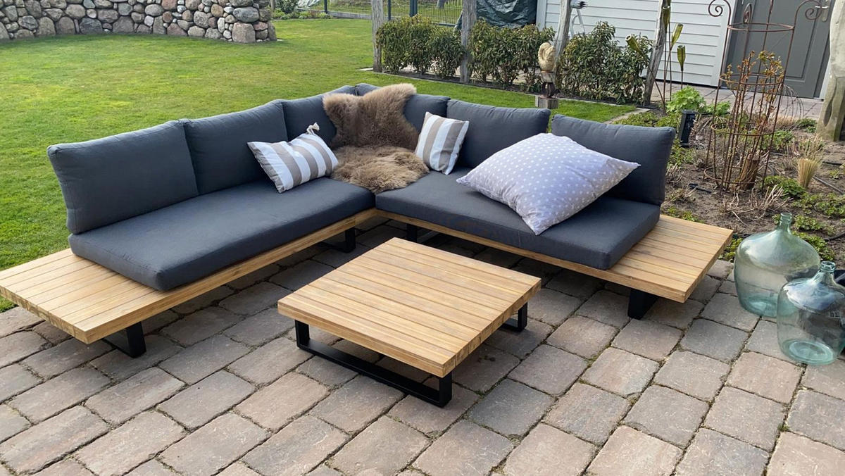GARTEN-GARNITUR Hellbraun Polster Dunkelgrau - Braun, Holz - PROREGAL