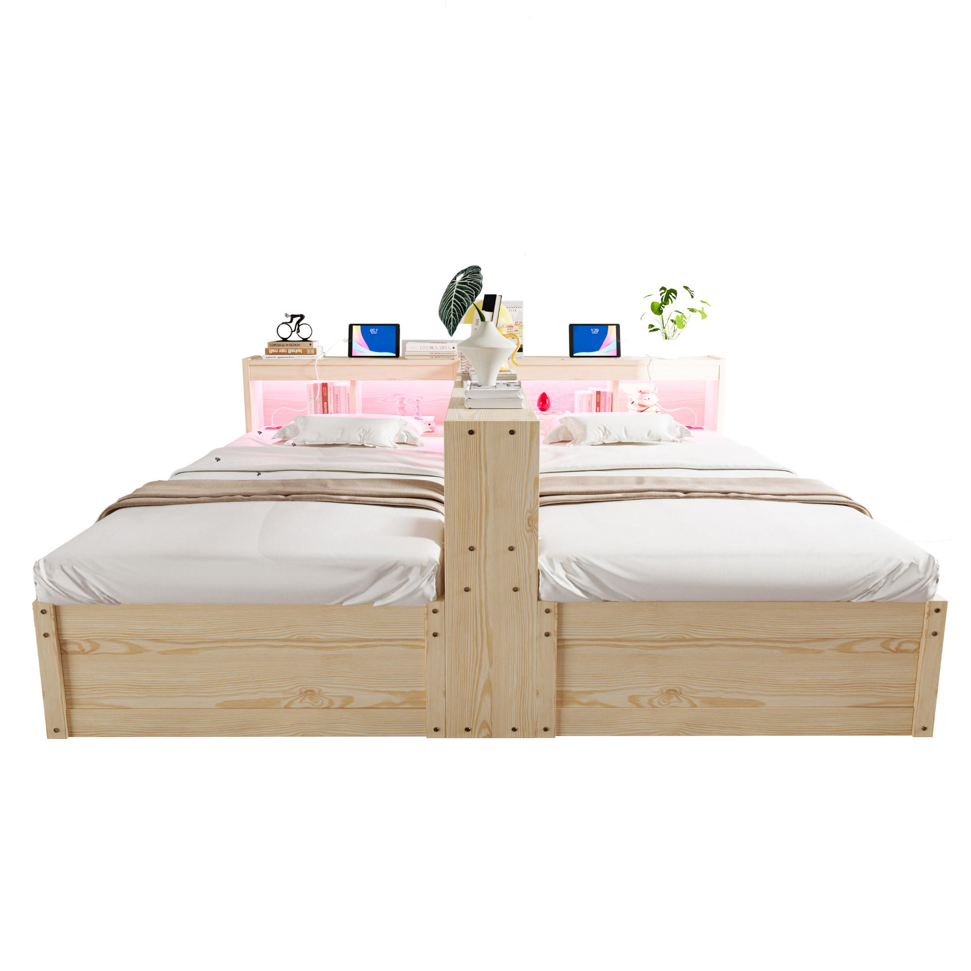 SCHLAFSOFA 90x200cm LED Stauraum Steckdose Holzbett Holz - Naturfarben, Holzwerkstoff (180/200cm) - FLIEKS