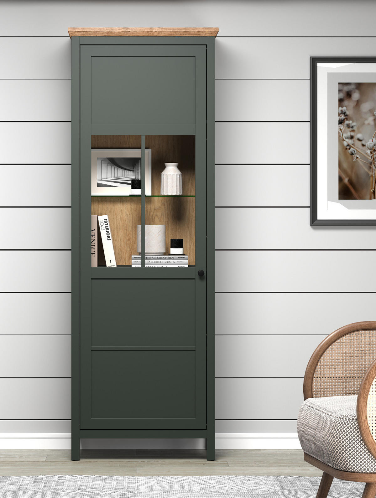 VITRINE grün, Evoke Eiche Landhaus 69 x 198 cm, Vitrinenschrank inklusive LED Beleuchtung - Eichefarben/Schwarz, Glas/Holzwerkstoff (69/198/39cm) - Top.Furn