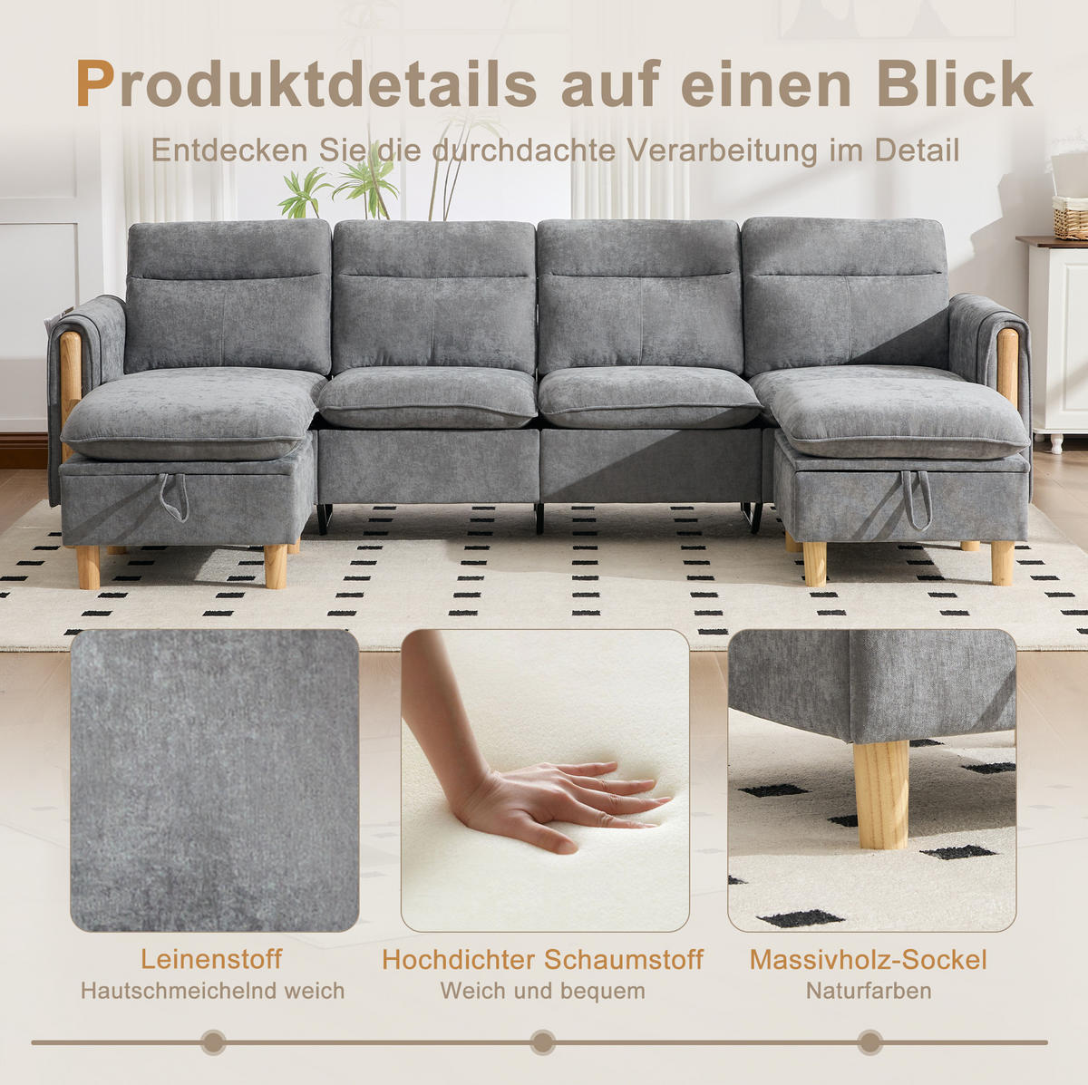 SOFA 261/77/86 cm in Hellgrau mit 2 Hockern und Stauraum - Hellgrau, Textil (77/86/261cm) - Flora Grace