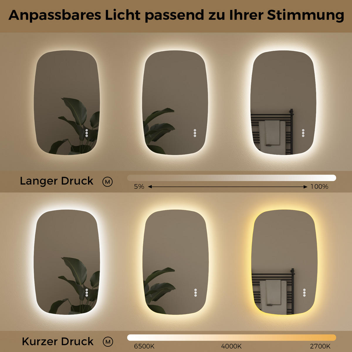 BADSPIEGEL MIT BELEUCHTUNG 70/45 cm Oval mit dimmbarer LED-Beleuchtung und Antibeschlag - Transparent, Glas (45/70/2.5cm) - S'AFIELINA