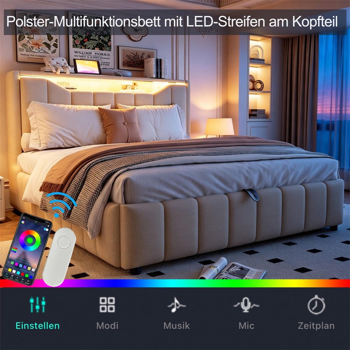 POLSTERBETT 140x200 cm mit hydraulischem Stauraum - klappbarem Kopfteil, LED & USB - Beige - ohne Matratze - Beige, Textil (140/200cm) - DELFA