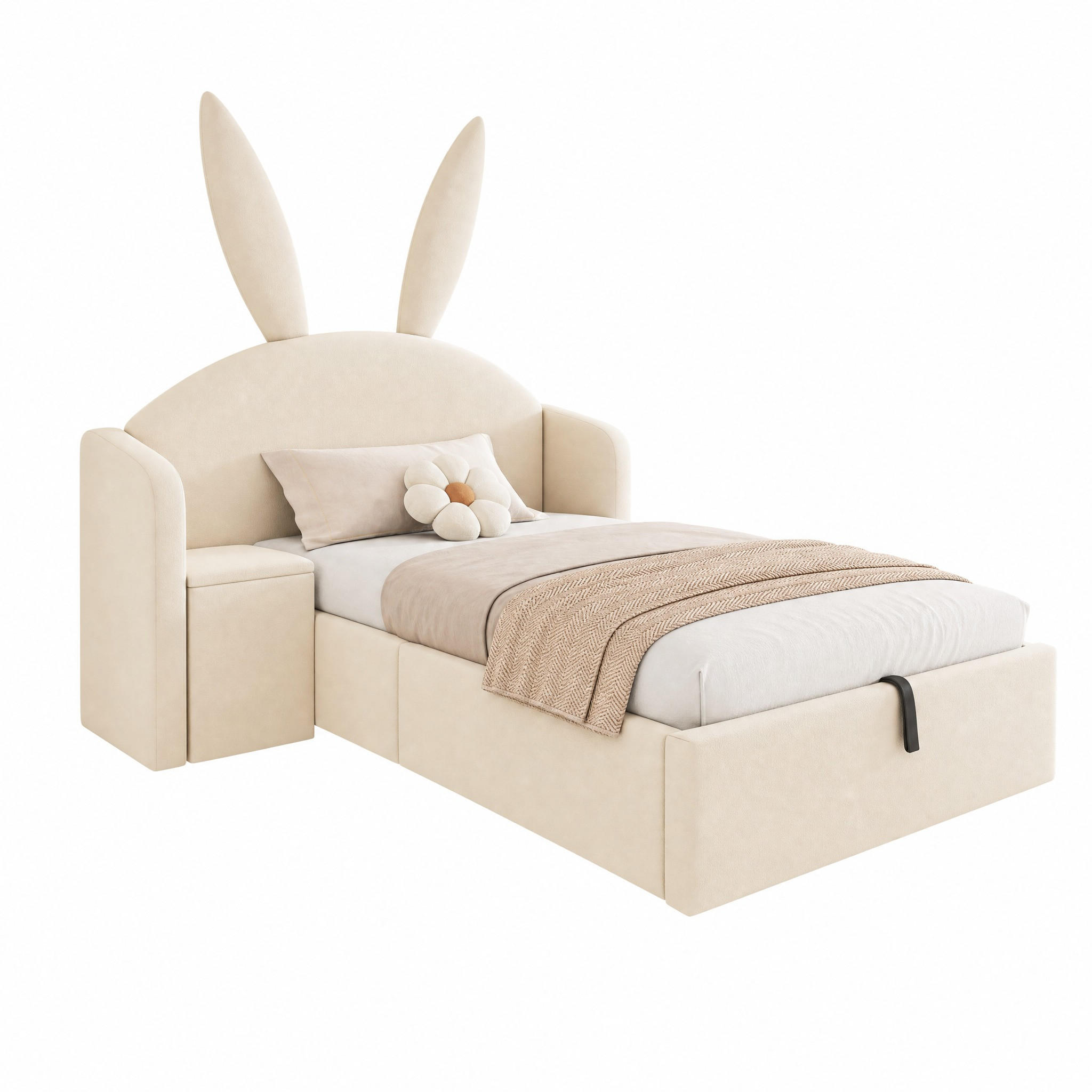 JUGENDBETT mit Bettkasten 90x200 cm Samt Beige mit Nachttisch - Beige, Metall (90/200cm) - Meubliv