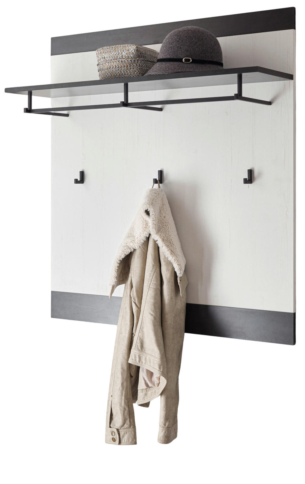 GARDEROBENPANEEL weiß Pinie, anthrazit Landhaus, Wandgarderobe 92 x 100 cm - Anthrazit/Weiß, Holzwerkstoff/Metall (92/100/26cm) - Furn.Design