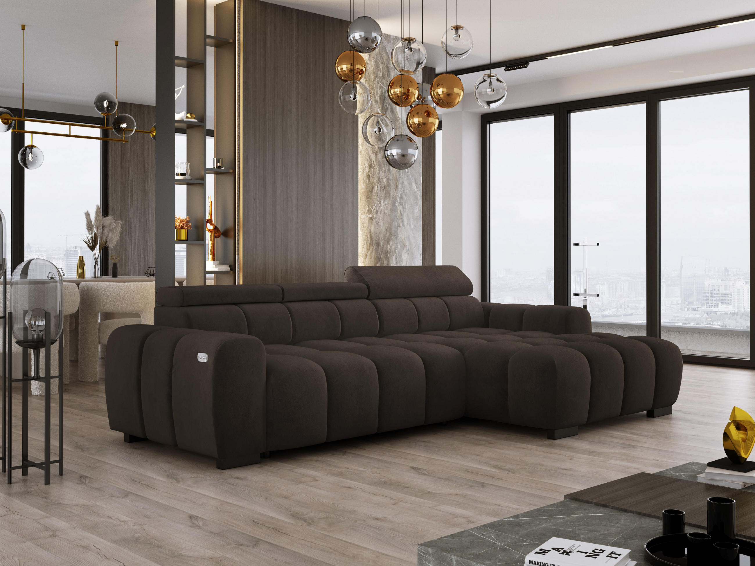 ECKSOFA OMBO 285x168x77/97 cm, Rechts, Schlaffunktion, elektr. Sitz, Kopfstützen, Buche dunkel, hydrophober SALVADOR-Stoff – Grau - Anthrazit, Holz/Textil (285/168cm) - DomoHome
