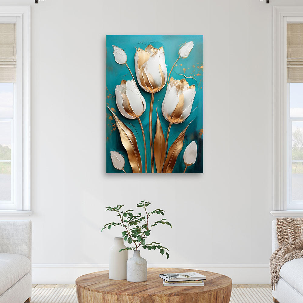WANDBILD weiße und goldene tulpen auf türkisfarbenem hintergrund - Türkis, Textil (70/100cm) - Feeby