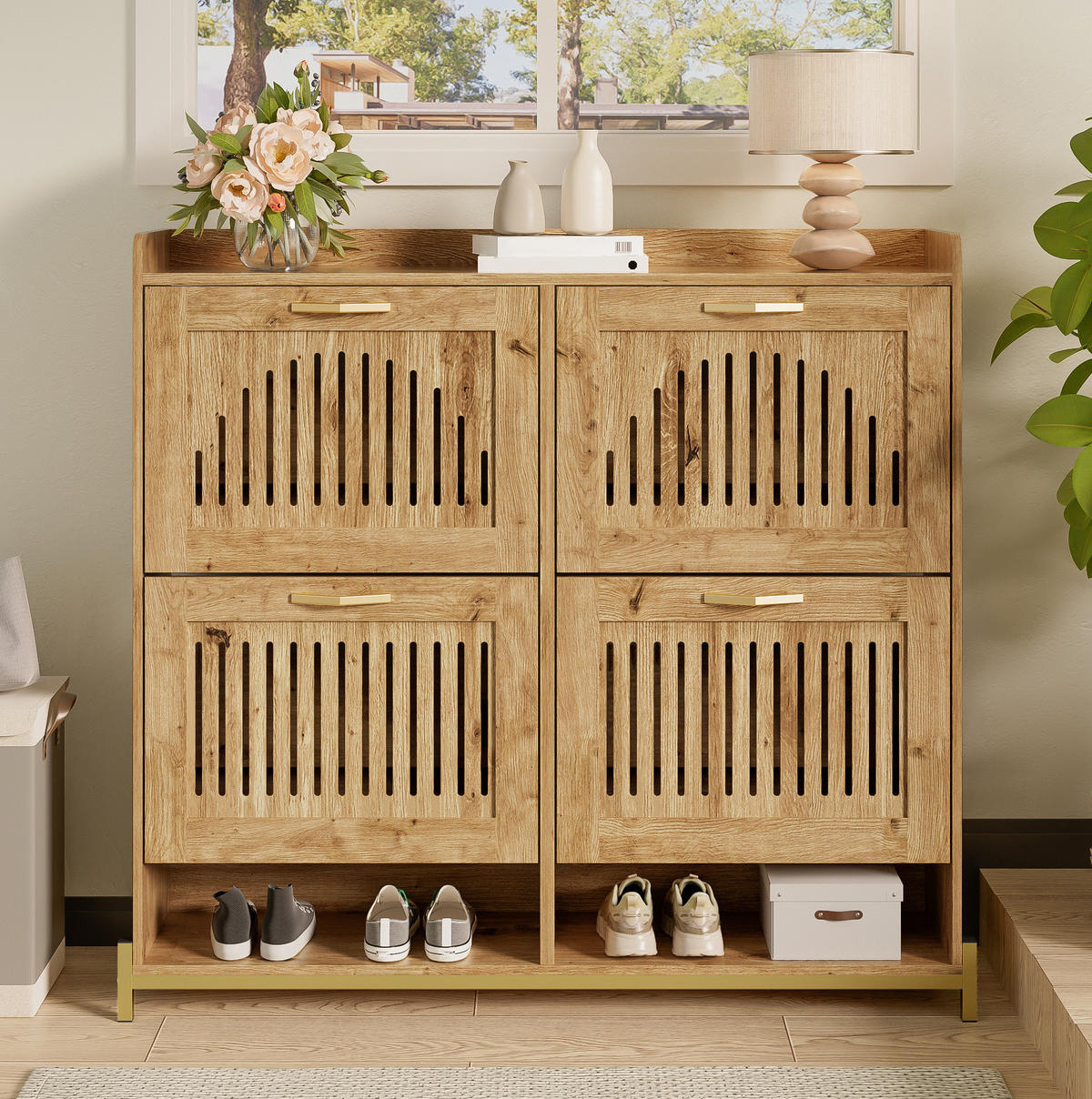 SCHUHSCHRANK aus MDF 108,5x24x100cm in Naturfarben mit 4 Türen - Naturfarben, Holzwerkstoff (108.5/100/24cm) - Modfu