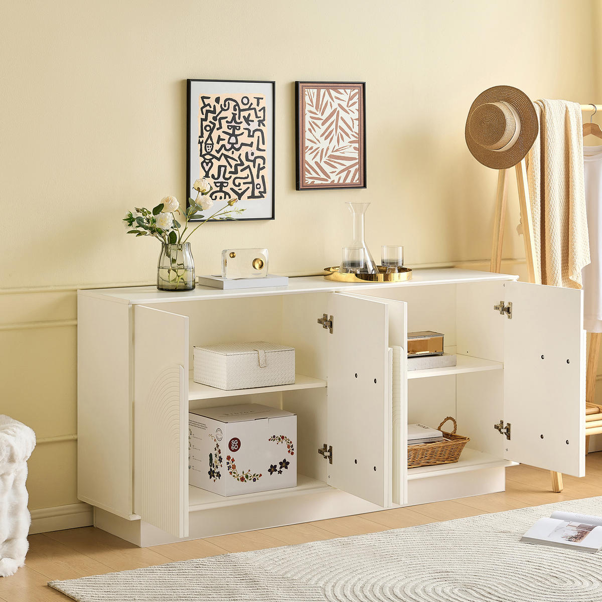 SIDEBOARD Weiß 160cm gewölbte Türen 4 Türen modern - Weiß, Holzwerkstoff (38/80/160cm) - FLIEKS