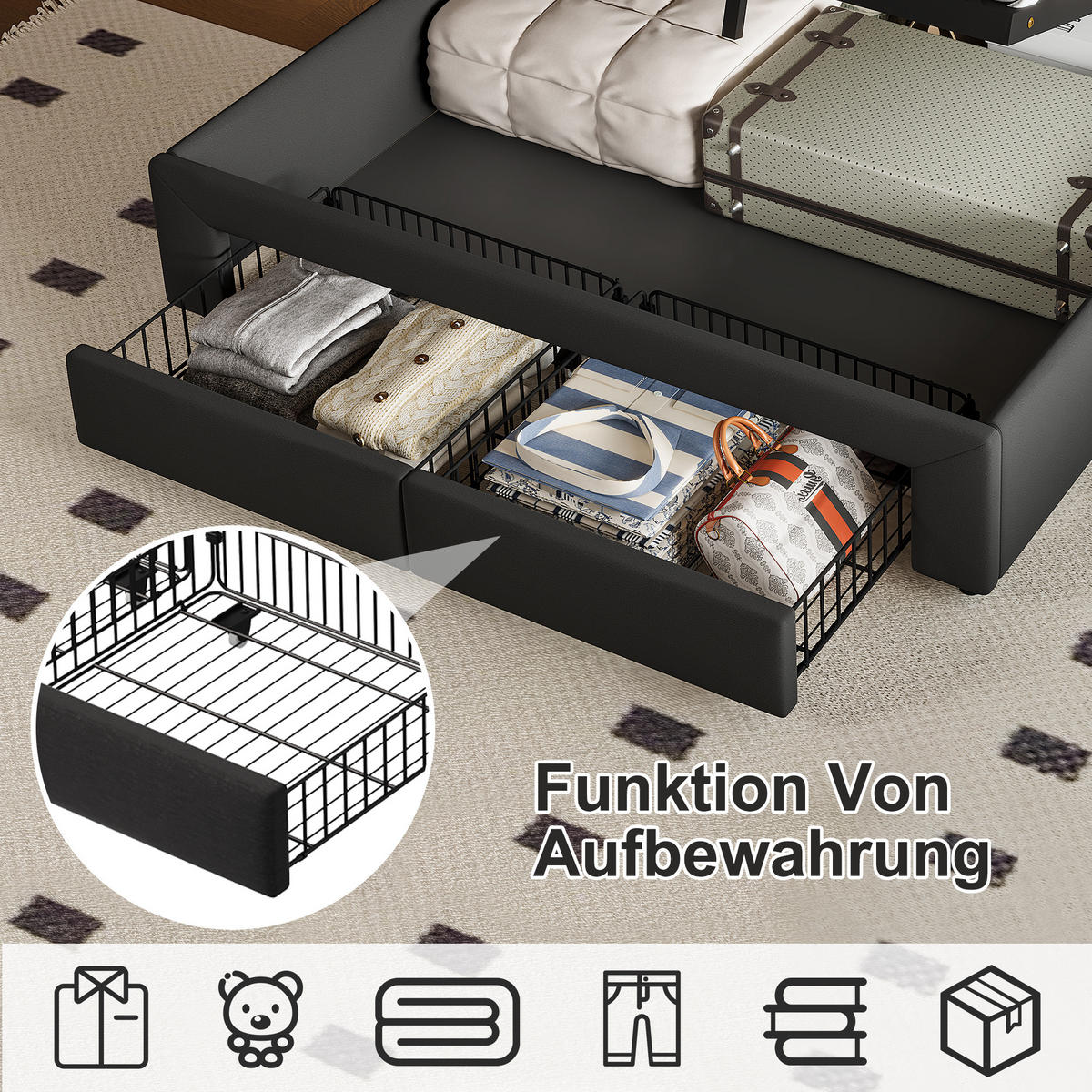 STAURAUMBETT 160x200 cm mit Stauraumkopf, 2 Fußschubladen, LED, USB, Leinenstoff in Dunkelgrau - Grau, Holz (160/200cm) - BRILVERDE