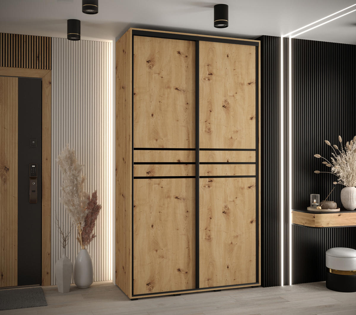 SCHWEBETÜRENSCHRANK 235,2/130/60 2-türig - Schwarz/Eiche Artisan, Holz/Metall (130/235/60cm) - Abiks Möbel