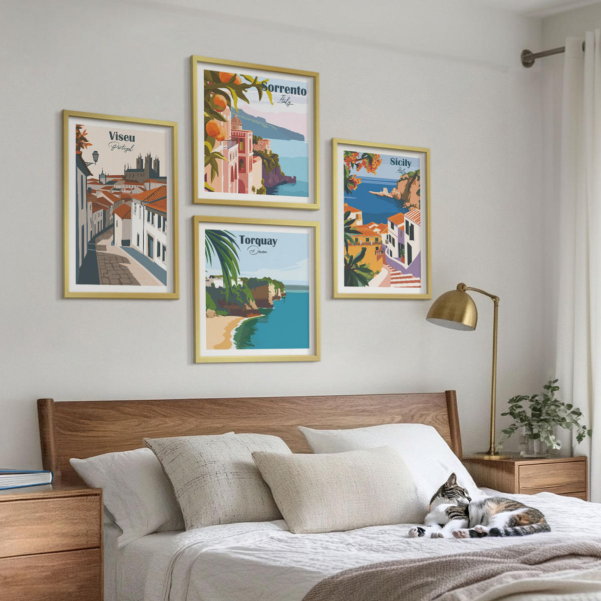 WANDBILDER 4er Set - 50x50 cm & 40x60 cm Goldrahmen - Retro-Illustrationen von Weltstädten - Goldfarben, Kunststoff (50/50cm) - ArtPrintCave
