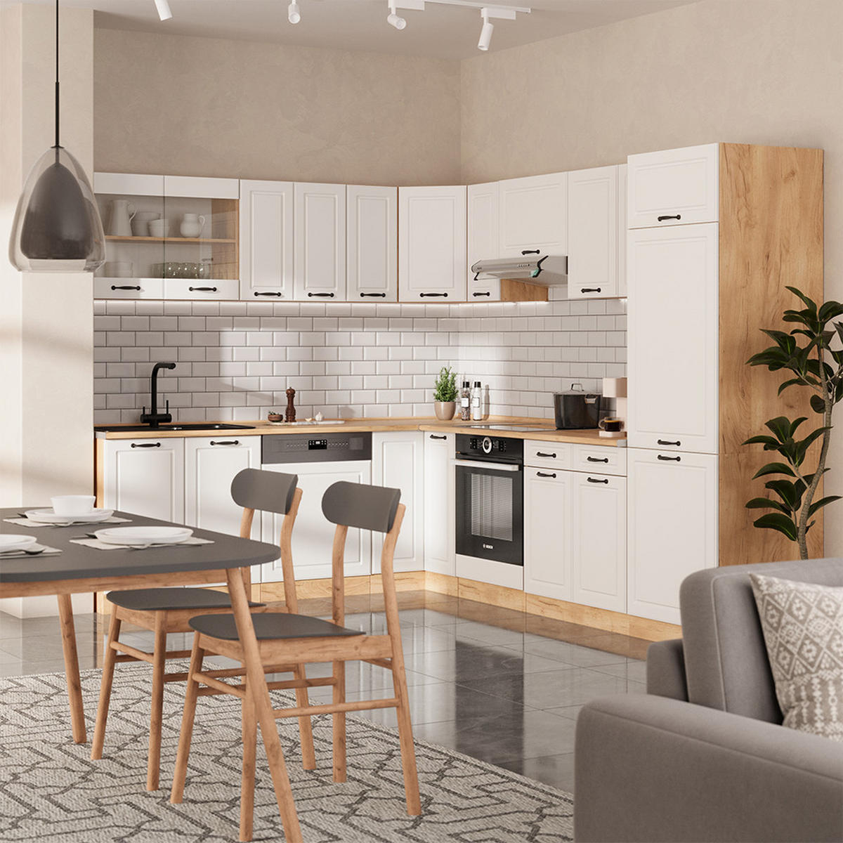 ECK-KÜCHENSCHRANK FÜR DACHSCHRÄGEN R-Line Weiß Landhaus 75.6 cm mit 1 Tür - Honigeiche/Eiche Wotan, Holzwerkstoff (75.6/81.6/75.6cm) - Vicco