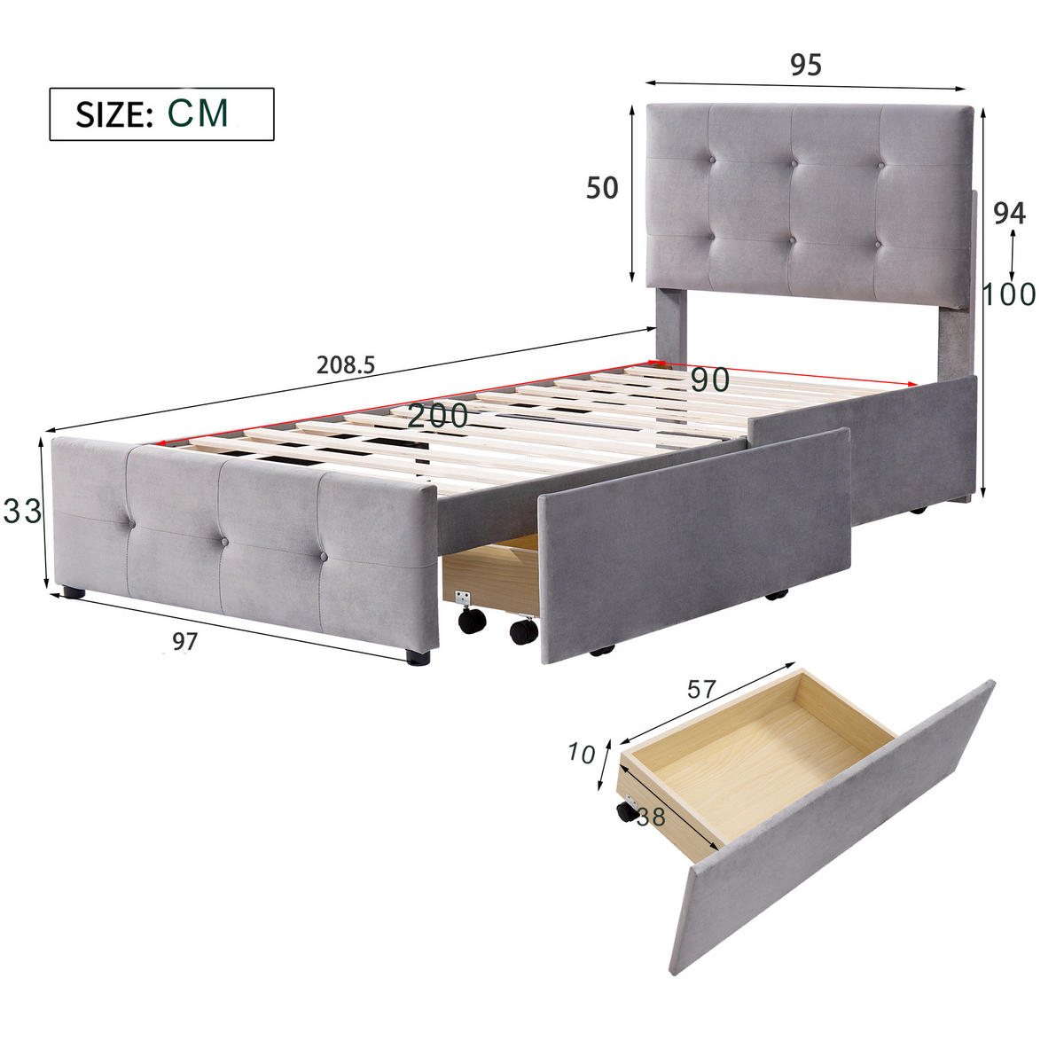 POLSTERBETT 90/200 cm grau aus Samt mit Lattenrost und Schublade - Grau, Textil (90/200cm) - OKWISH