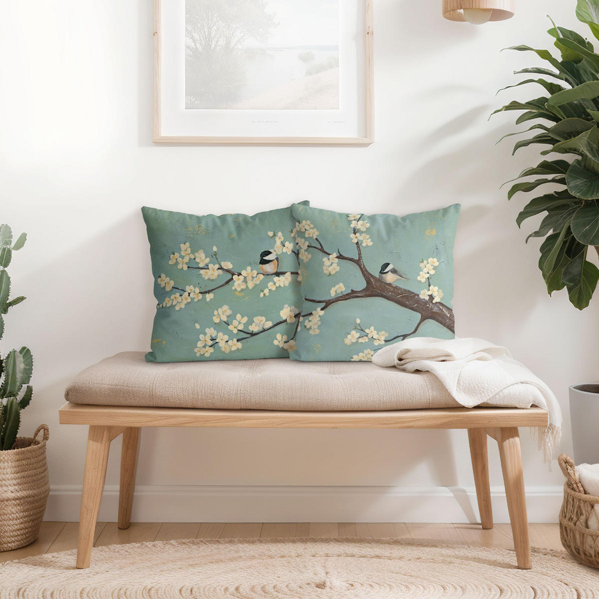DEKOKISSEN 2er-Set Meise auf Kirschbaum Set I 50/50 cm - Grün, Textil (50/50cm) - Bilderwelten
