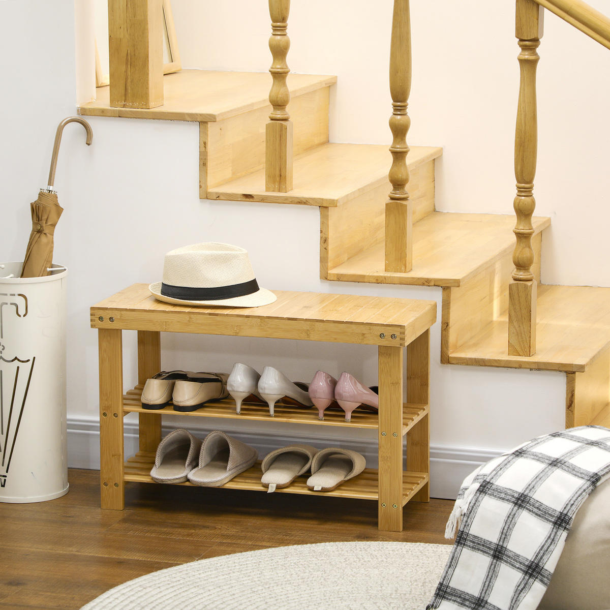 SCHUHBANK, Schuhregal mit 3 Etagen, Sitzbank aus Bambus für 6 Paar Schuhe - Naturfarben, Holz (28/45/70cm) - HOMCOM