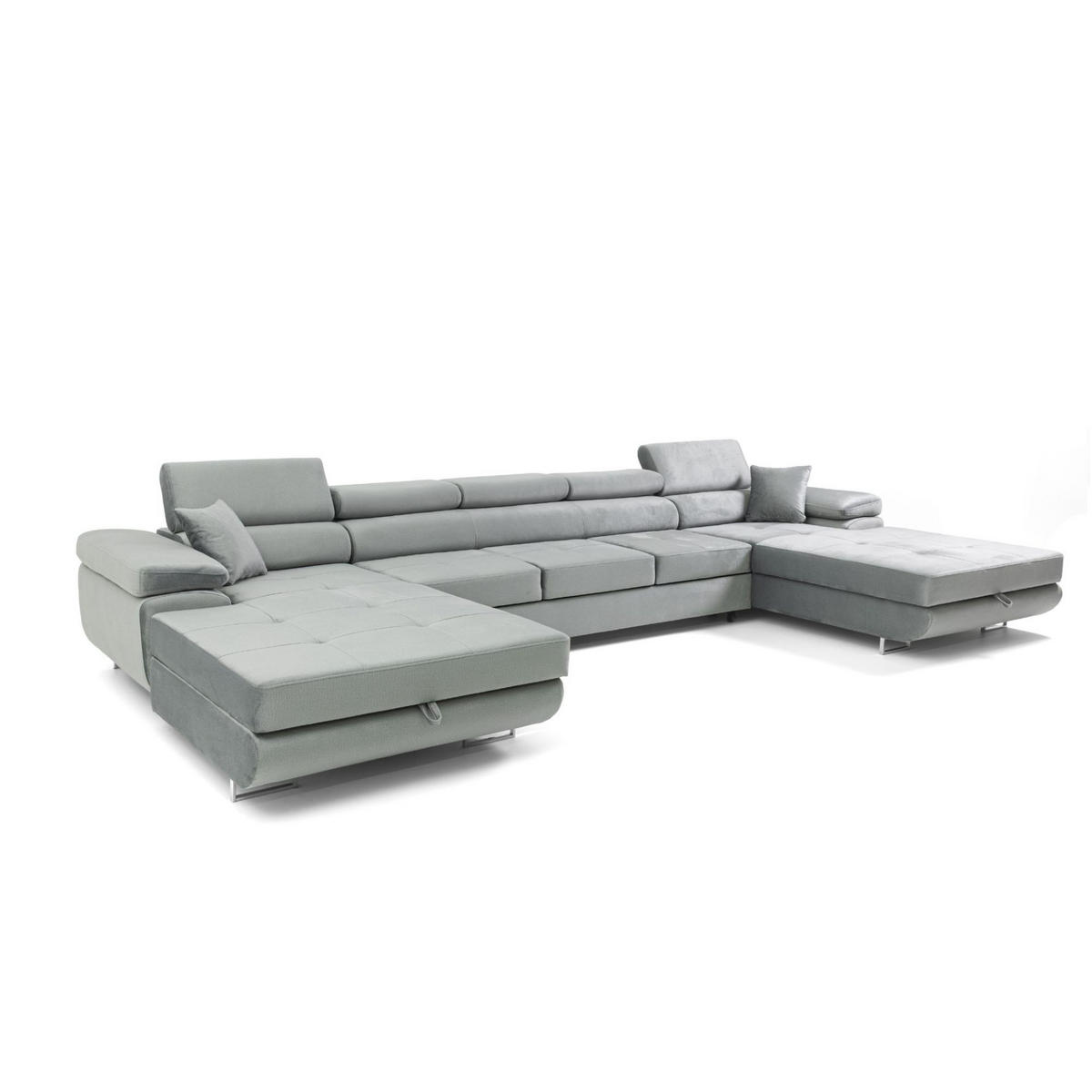 ECKSOFA U-Form ALONZO MAXI U mit Schlaffunktion 125x318 Velours Hellgrau - Silberfarben/Hellgrau, Holz/Textil (400/90/203cm) - Muffo