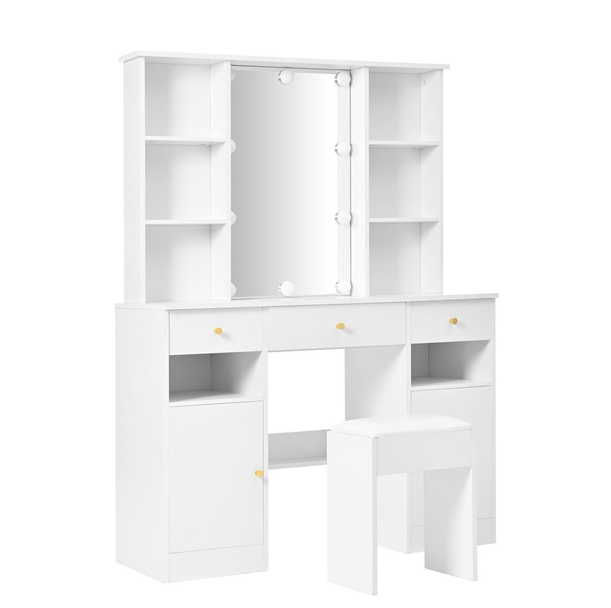 SCHMINKTISCH 110/40/151 cm mit LED-Beleuchtung, Spiegel, 3 Schubladen und 2 Türen, Weiß - Weiß, Holzwerkstoff (110/151/40cm) - Redom