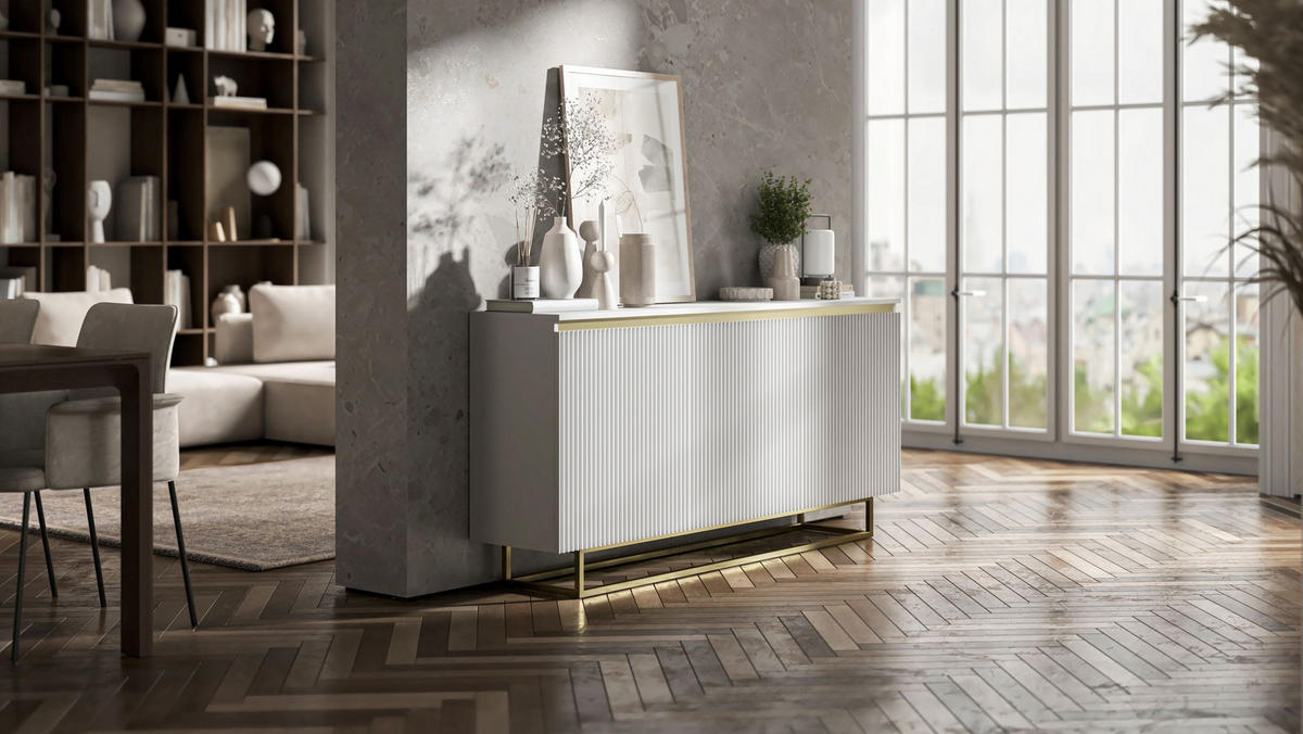 SIDEBOARD Selene 3D Weiß Matt mit geriffelten Fronten Glamour 167 cm - Goldfarben/Weiß, Holzwerkstoff/Metall (167/79/35cm) - Meble Lindner