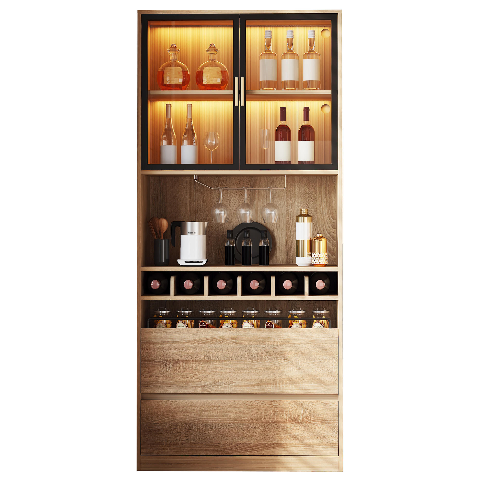 KÜCHENSCHRANK natur-optik 180 cm hoch mit 3-farben led & weinregal - Naturfarben, Holzwerkstoff (80/180/40cm) - Urban Meuble