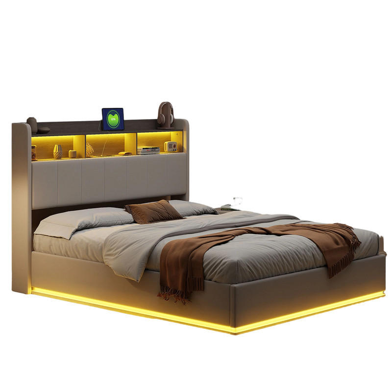 SHOPENTRA ČALOUNĚNÁ postel 140/190 cm bílá s úložným čelem a USB porty