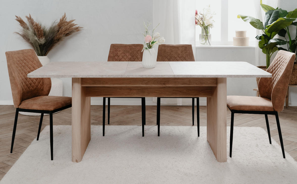 ESSTISCH Sandstein, Hickory Walnuss 160 - 200 cm, Küchentisch ausziehbar - Sandfarben/Walnussfarben, Holzwerkstoff/Metall (160/90/75cm) - Furn.Design