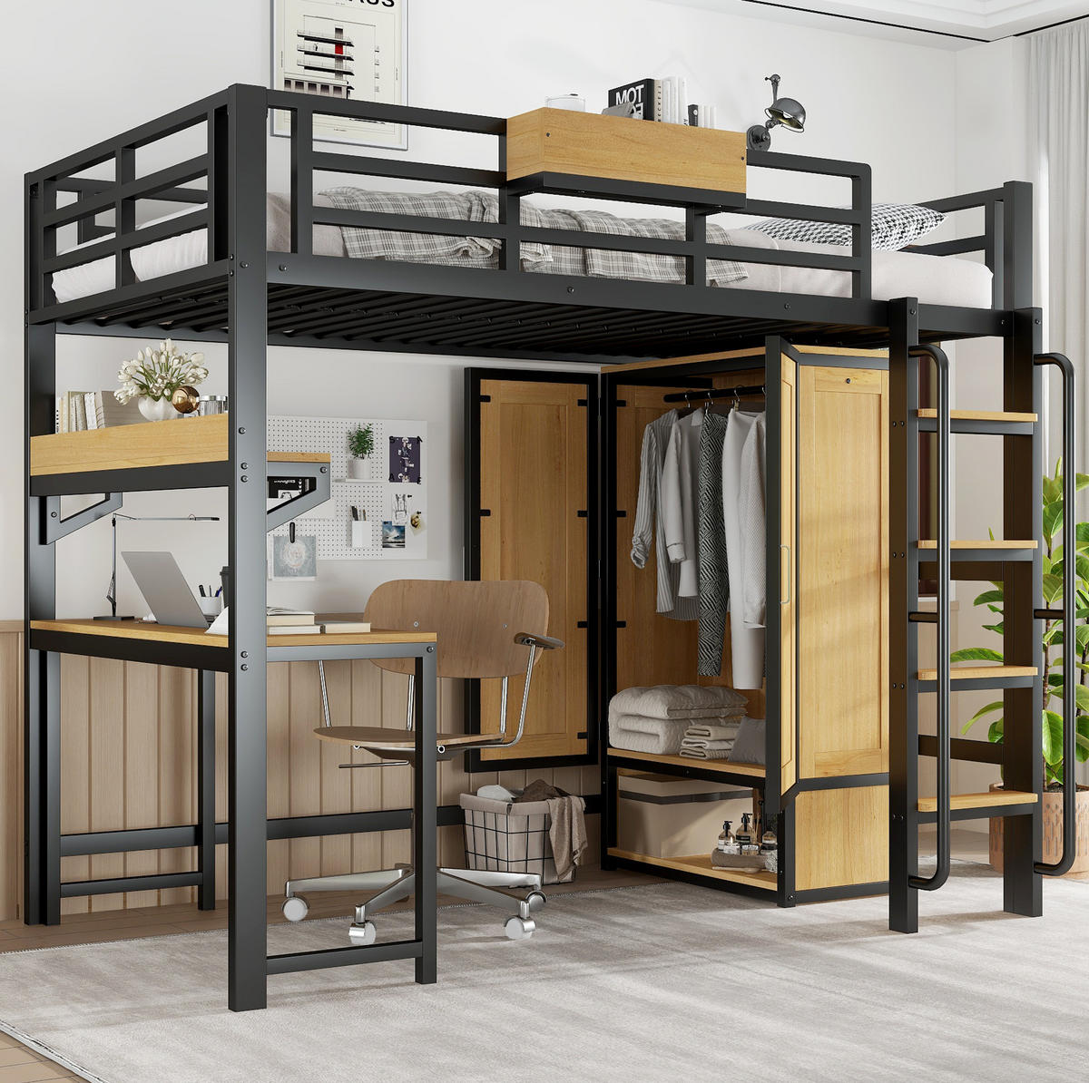 HOCHBETT 90/200 cm Schwarz/Natur aus Metall und Holzwerkstoff mit Kleiderschrank und Schreibtisch - Schwarz, Metall (90/200cm) - OKMYHOME