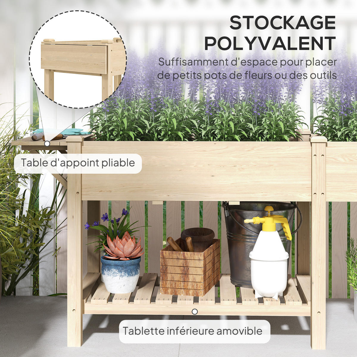 HOCHBEET DE-16014 2 Pflanzkästen mit Klapptisch Naturholz - Naturfarben, Holzwerkstoff (207/78/59cm) - ComfortXL