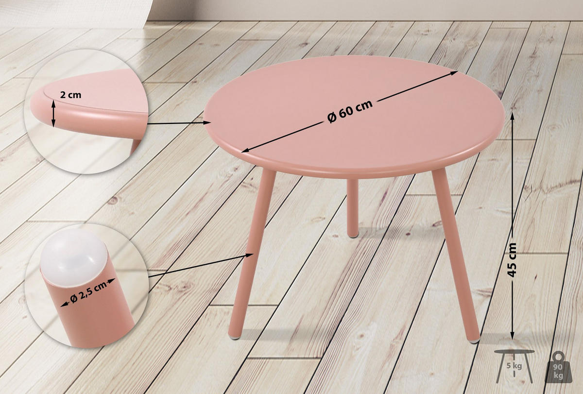 COUCHTISCH rund 60 cm Kunststoff pink - Pink, Kunststoff/Metall (60/60/45cm) - CLP