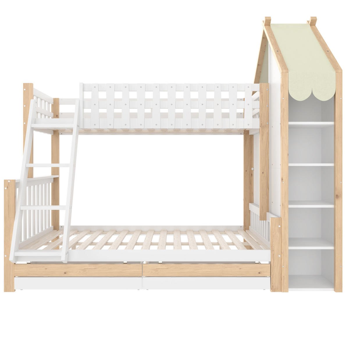 ETAGENBETT 90/200 cm + 140/200 cm weiß mit zwei Schubladen und Hausdach - Weiß, Holz (90/200cm) - OKWISH