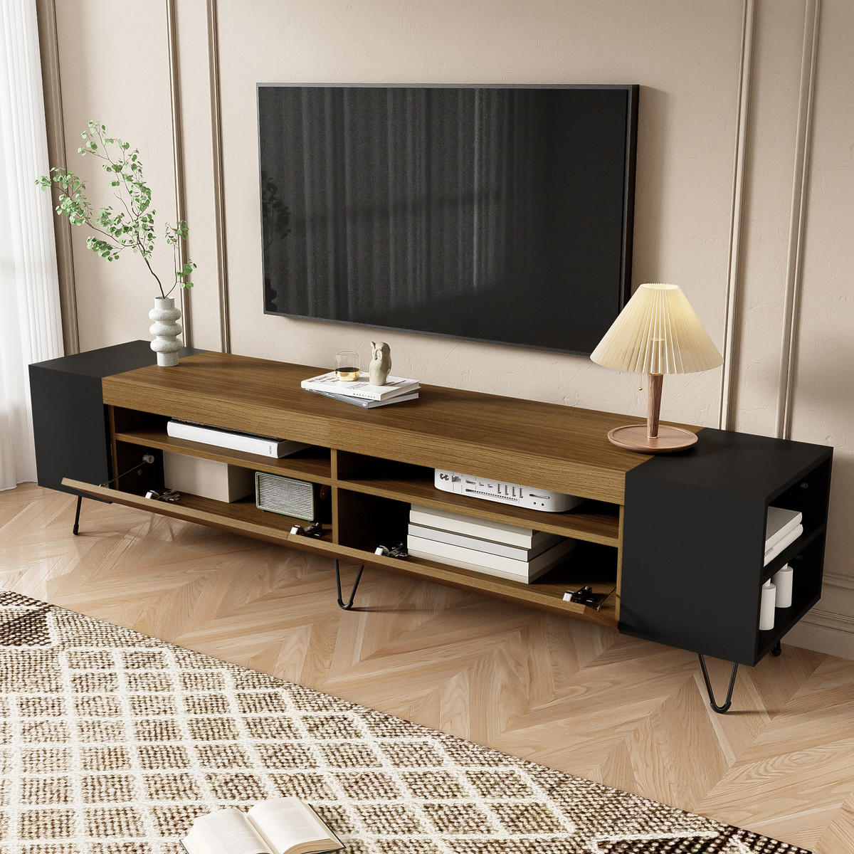TV-SCHRANK in Schwarz und Holzoptik mit Türen 180/36/43 cm - Eichefarben, Holzwerkstoff (180/43/36cm) - Redom