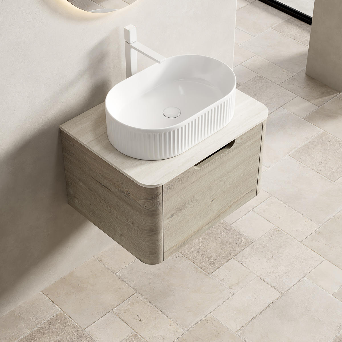 WASCHTISCHKOMBI 60x46x50.2cm Beige/Weiß mit ovalem Keramikbecken & Travertin-Arbeitsplatte - Creme, Keramik (60/50.2/46cm) - Modfu