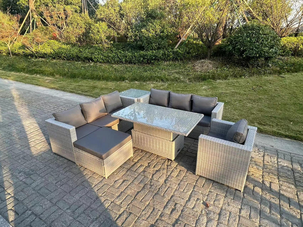 GARTENMÖBEL SET Polyrattan Helles Grau 8-Sitzer - Hellgrau, Metall - Fimous