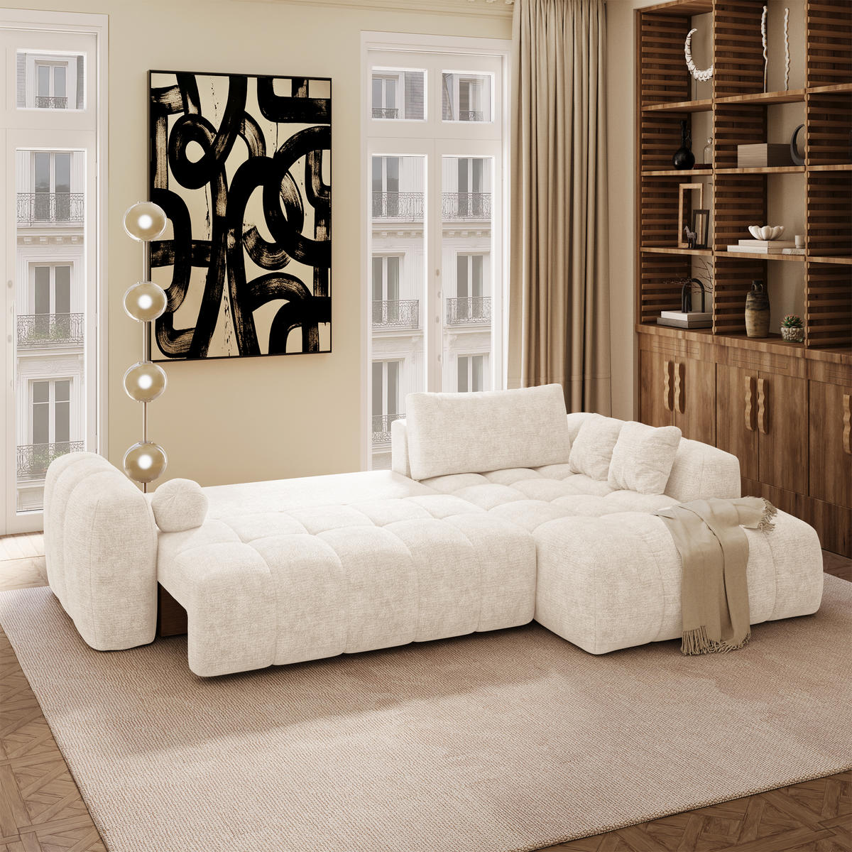 ECKSOFA rechtwinklig SKY Geprägter Samt Creme 310cm - Creme, Textil (310/180cm) - Premium Interiors