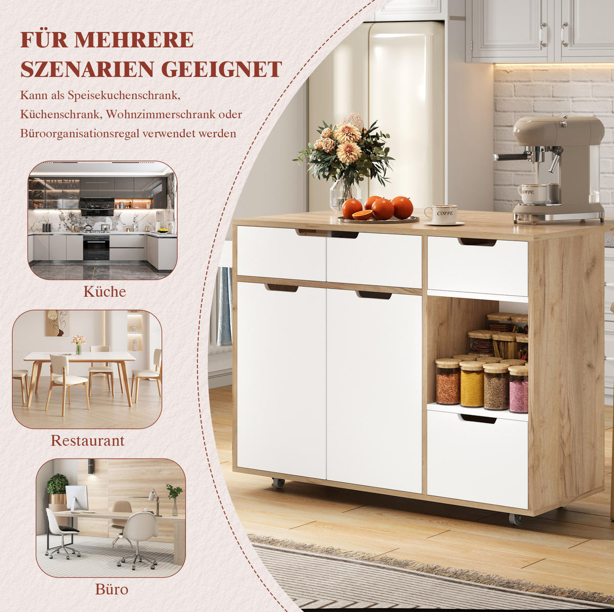 SCHRANK/SIDEBOARD 120x46x85cm Weiß mit 360°Rollen, Schubladen & Fächern - Weiß, Holzwerkstoff (120/85/46cm) - Modfu