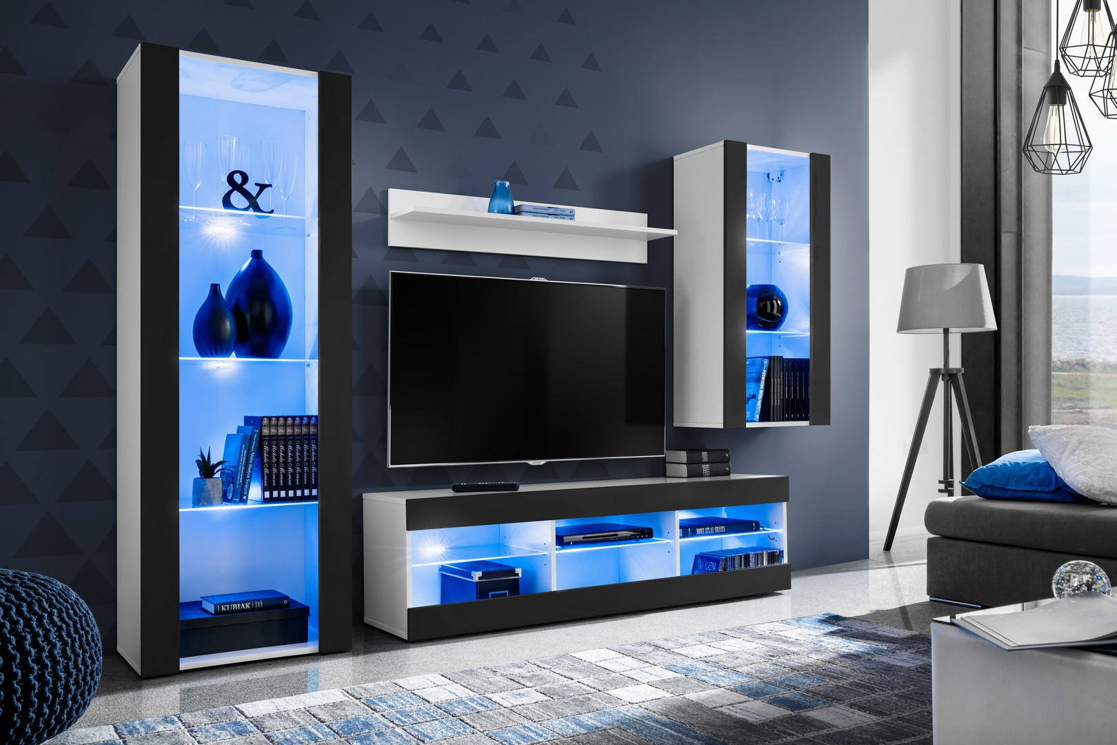 WOHNZIMMERSET TIVOLI MEDIO, 4er-Set, Schwarz, LED Blau - Schwarz/Weiß, Glas/Holzwerkstoff (245/159/35cm) - Komodee