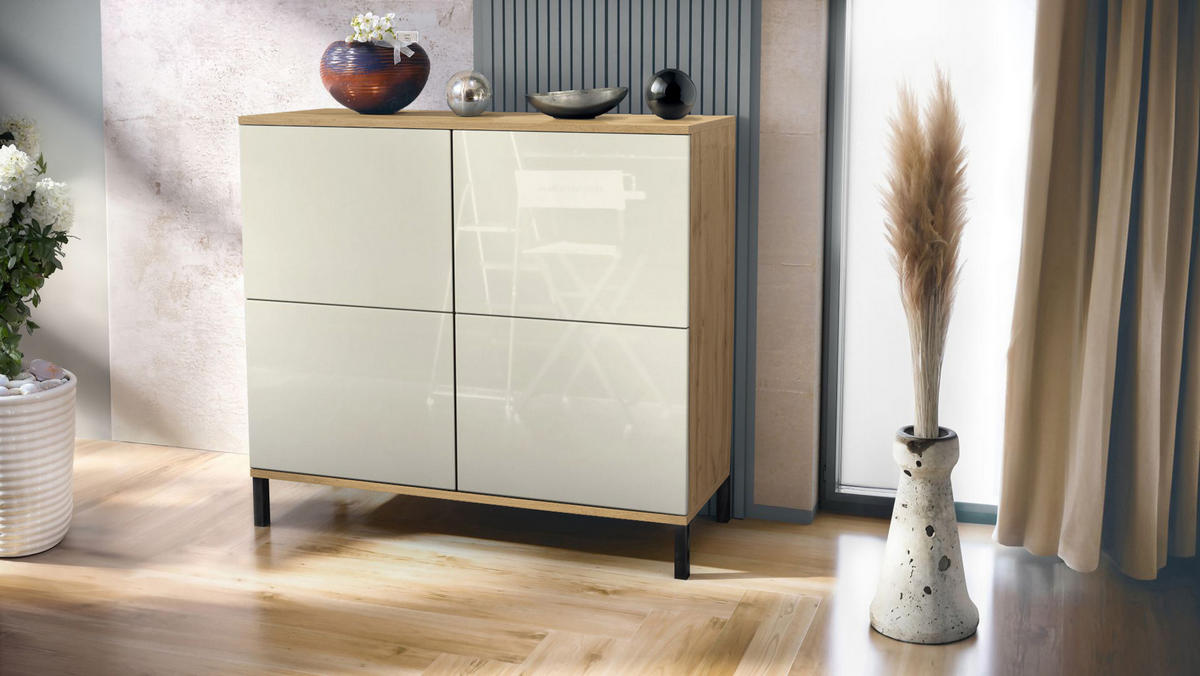 KOMMODE Rova Creme Hochglanz - Creme, Holzwerkstoff (92.5/83.5/35cm) - Vladon
