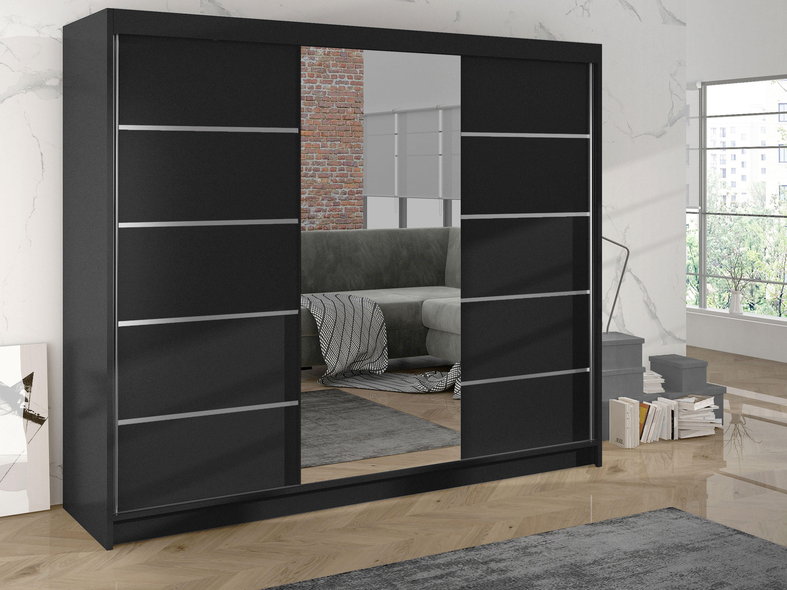 SCHWEBETÜRENSCHRANK Derby VI - Schwarz, Holzwerkstoff/Metall (200/215/58cm) - MIRJAN24