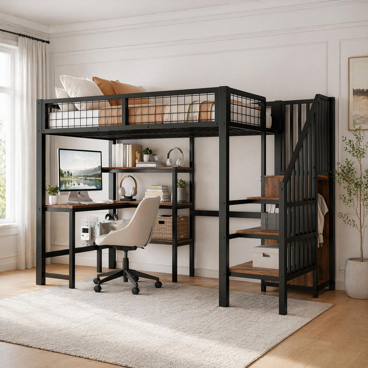 HOCHBETT 90/200 cm Schwarz/Braun aus Metall und MDF mit Schreibtisch und Kleiderschrank - Schwarz, Holzwerkstoff (90/200cm) - OKMYHOME