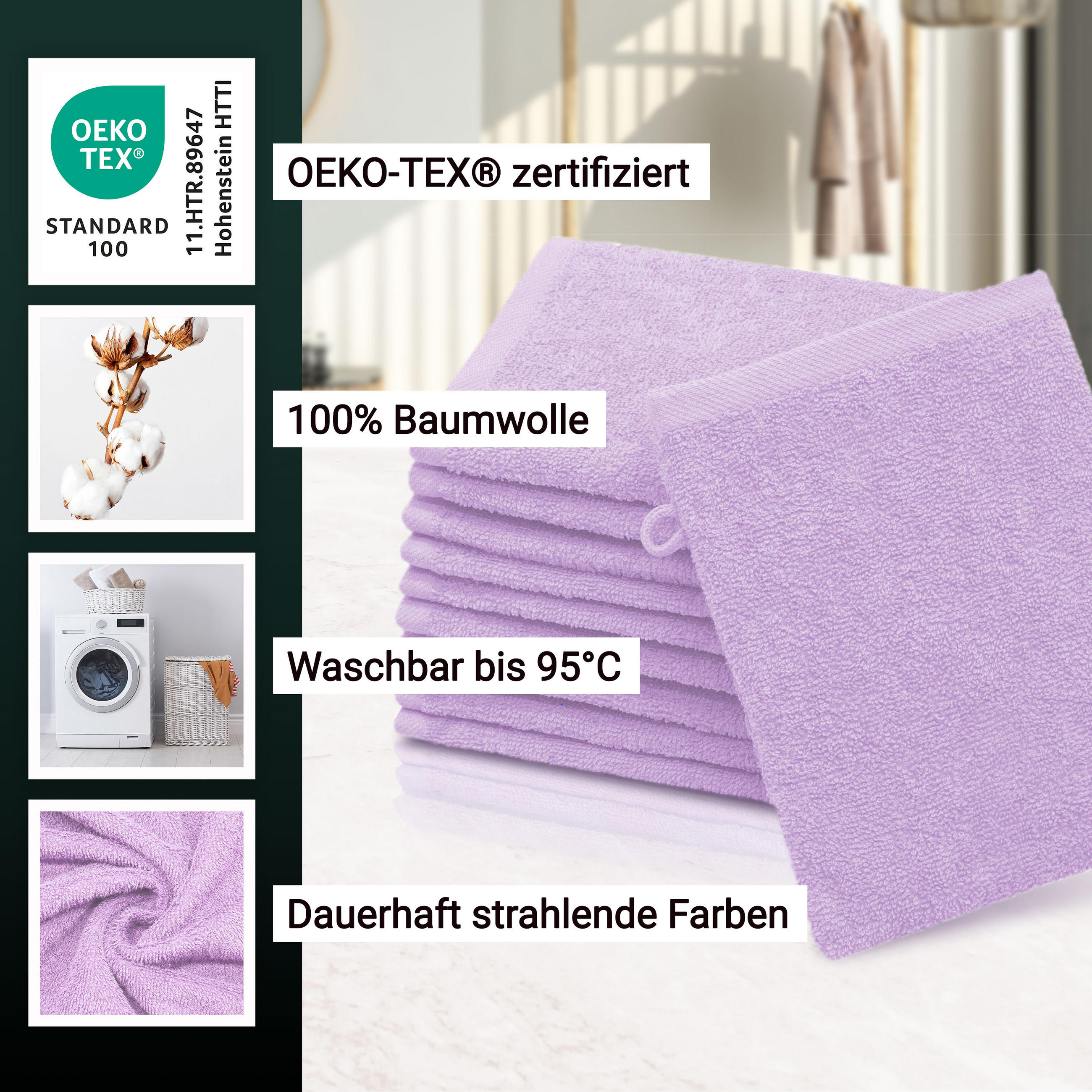 WASCHHANDSCHUH, 10er-Set, 16x21 cm, 100% Baumwolle, Rosa - Flieder, Textil (16/21cm) - Zollner