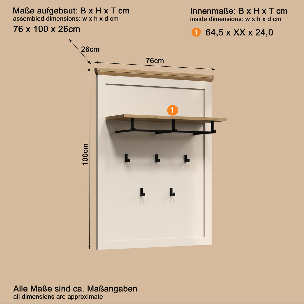 GARDEROBENPANEEL Kaschmir, Stein Eiche Landhaus 76 x 100 cm, Wandgarderobe mit Kleiderstange - Kaschmir/Eichefarben, Holzwerkstoff (76/100/26cm) - Top.Furn