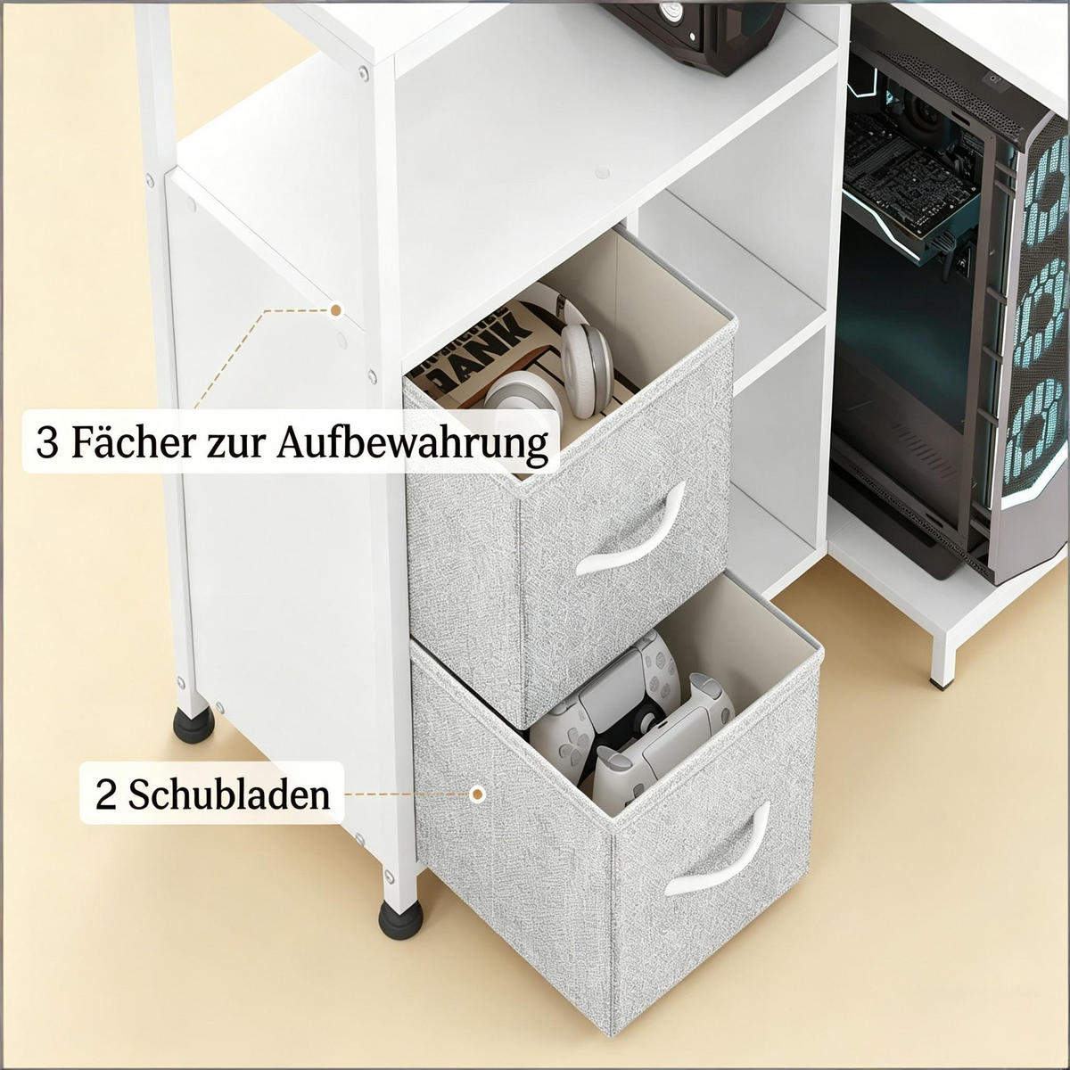 ECKSCHREIBTISCH Weiß 120/80/76 cm mit Stromanschluss USB Typ-C & Stoffschubladen - Weiß, Metall (120/80/76cm) - PANGIVO