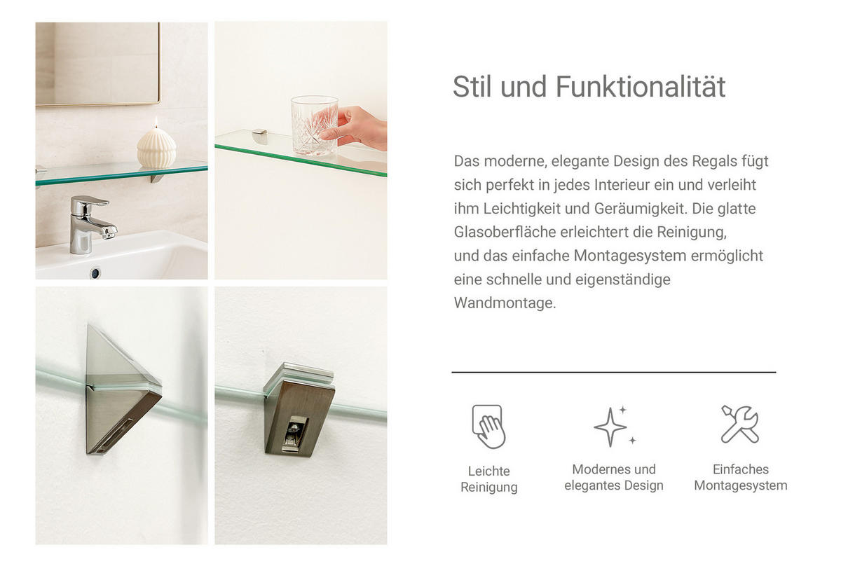 SKLENĚNÁ police na zeď s držákem 70x13 cm - průhledná, sklo (70/0.6/13cm) - TULUP