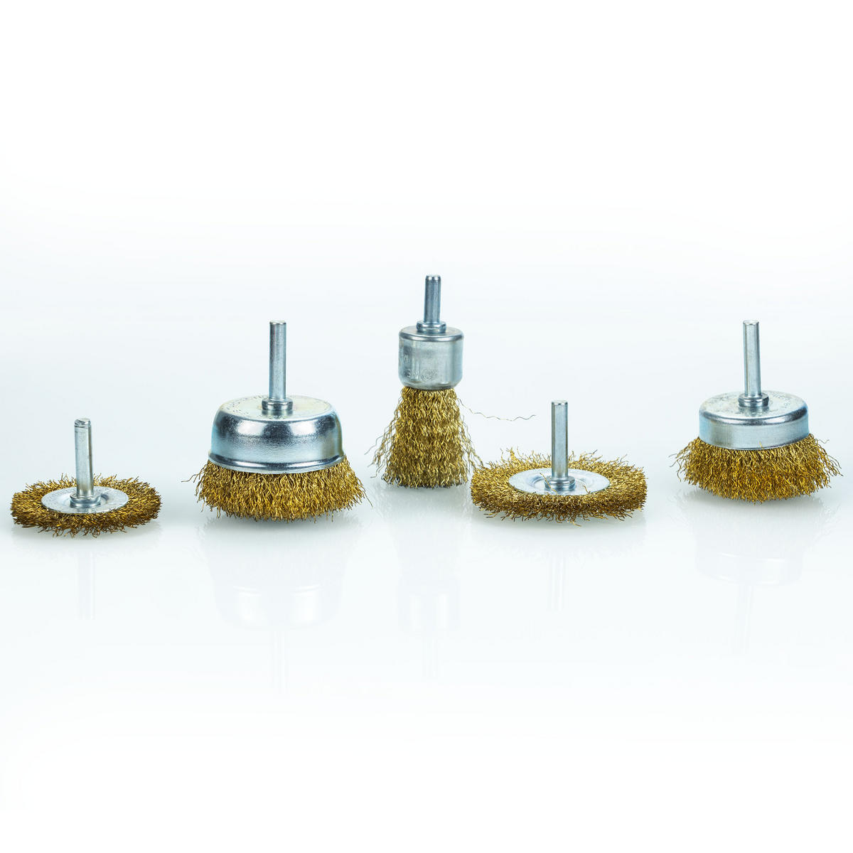 DRAHTBÜRSTE Universal 5-tlg. Set, 1/4" Schaft, Scheiben 50 mm, Scheiben 65 mm, Frontbürsten 50 mm, Frontbürsten 65 mm, Pinsel 25 mm, Messingdraht - Multicolor, Kunststoff/Metall (22/17/7cm)